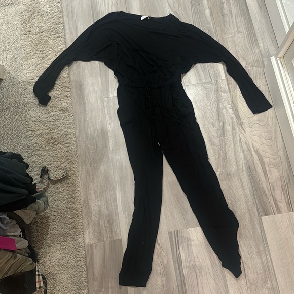 Pants - Black long sleeve off shoulder jumpsuit with tie waist